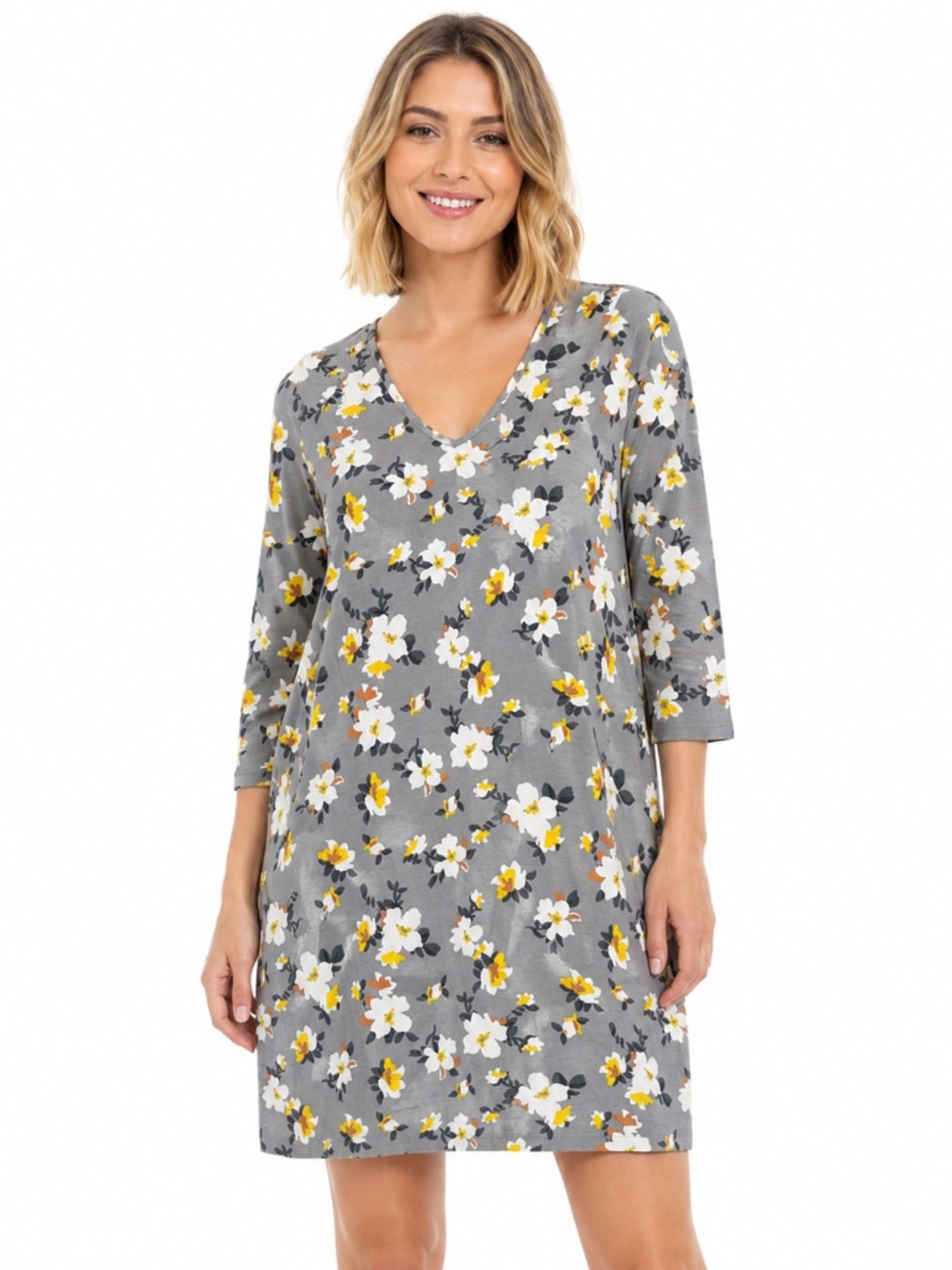 Blair Cotton Floral Shift Dress Gray Yellow V Neck Knit Womens Medium